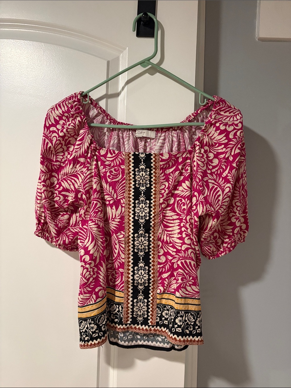 LOFT Pink Floral Border Print Peasant Blouse